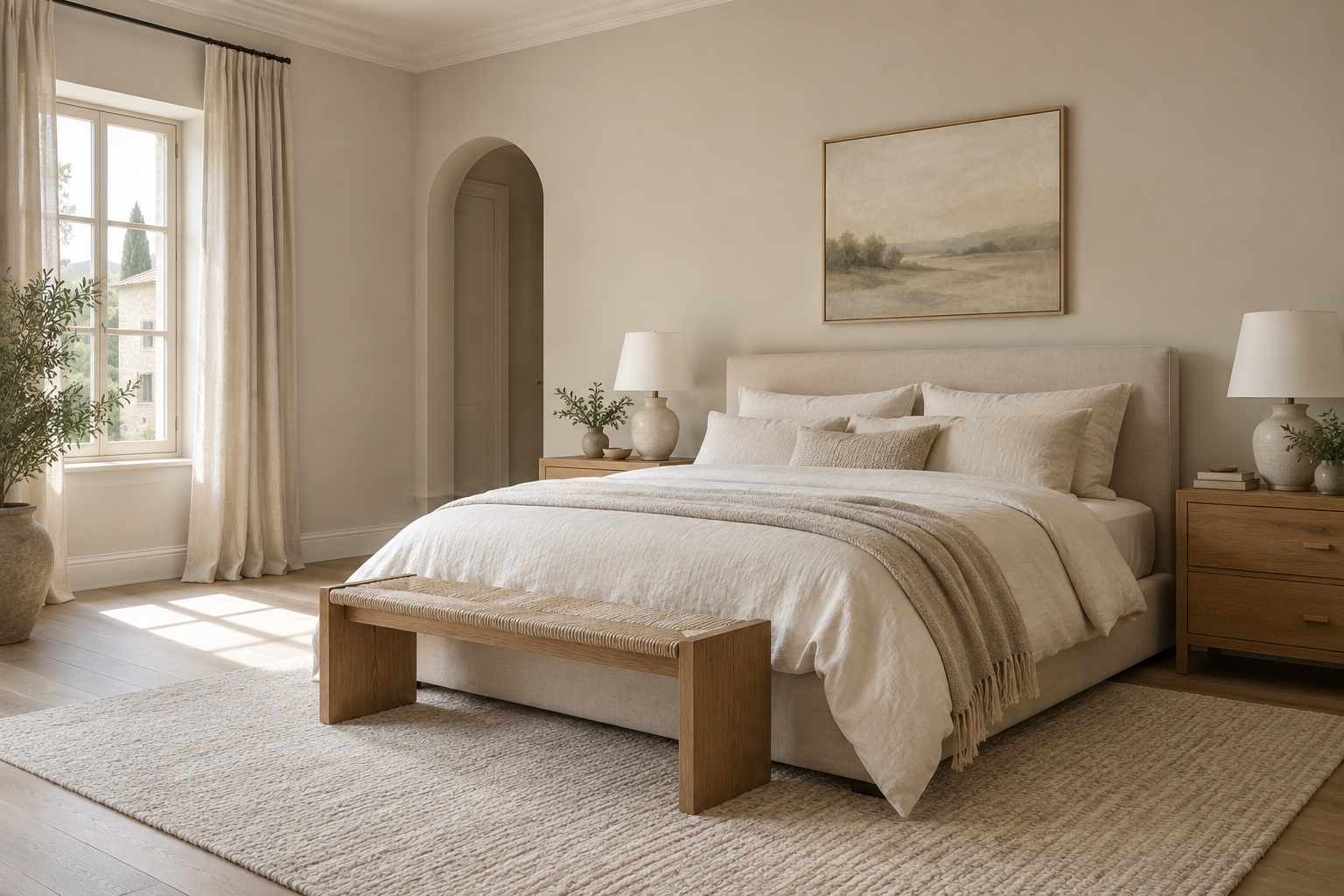 Bedroom with light greige walls, linen bedding and oak furniture