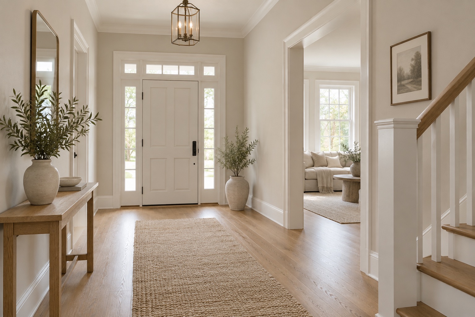 Entry hall with light greige walls, white trim and oak flooring