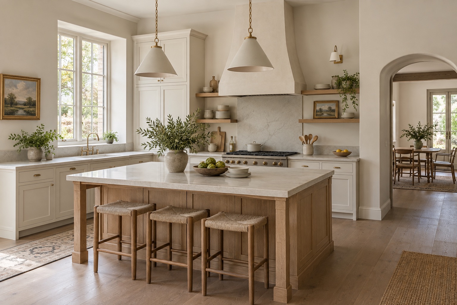Kitchen with pale greige walls, ivory cabinets and an oak island